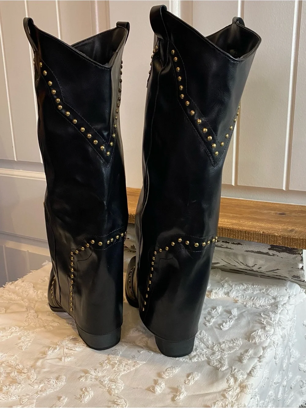 New!! Black Studded Western Knee-High Boots